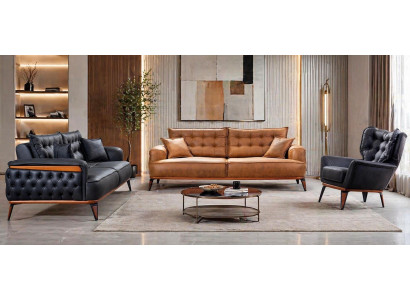 Polstergarnitur 3Sitzer-Sofa Sessel Leder Dunkelblau Braun Kissen Neu