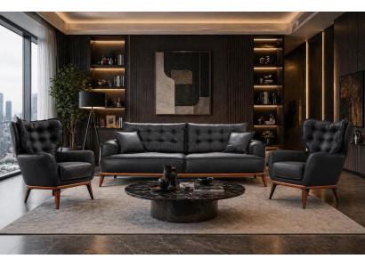 Polstergarnitur 3Sitzer-Sofa Sessel Leder Modern Dunkelblau Kissen Neu