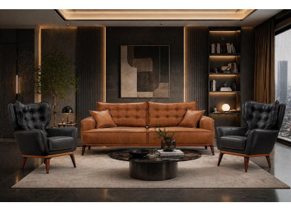 Polstergarnitur 3Sitzer-Sofa Sessel Leder Komfortabel Dunkelblau Braun
