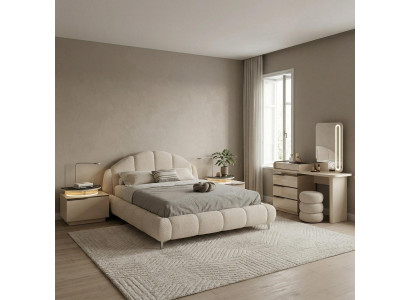 Schlafzimmer Set Bett 2xNachttisch  Schminktisch Spiegel Pouf Beige
