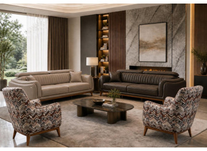 Polstergarnitur 3-Sitzer sofa Leder Beige Braun Kissen Akzent Sessel