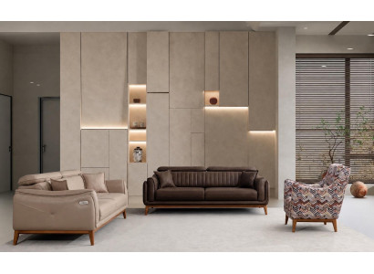 Polstergarnitur 3-Sitzer sofa Leder Beige Braun Kissen Akzent Sessel
