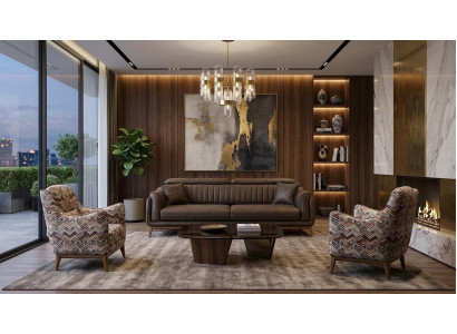 Polstergarnitur 3-Sitzer sofa Leder Braun Modern Kissen Akzent Sessel