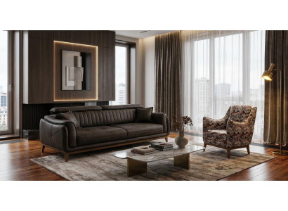 Polstergarnitur 3-Sitzer sofa Leder Braun Modern Kissen Akzent Sessel