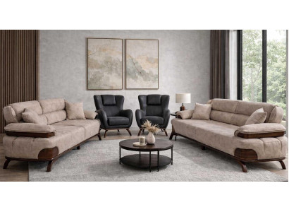 Polstergarnitur 3 Sitzer sofa Leder Beige Kissen Sessel Schwarz Modern