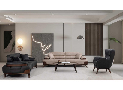 Polstergarnitur 3 Sitzer sofa Leder Beige Kissen Sessel Schwarz Modern