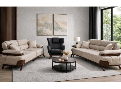 Polstergarnitur 3 Sitzer sofa Leder Beige Kissen Sessel Modern Elegant