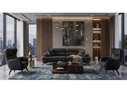 Polstergarnitur 3 Sitzer sofa Leder Schwarz Kissen Sessel Elegant Neu