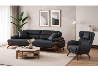 Polstergarnitur 3 Sitzer sofa Leder Kissen Sessel Schwarz Elegant Neu