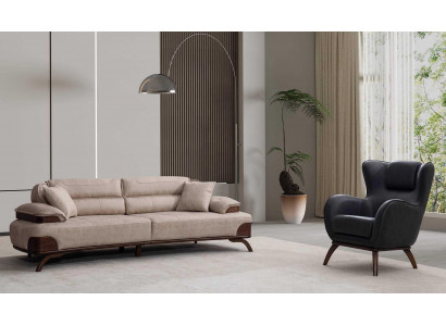 Polstergarnitur 3 Sitzer sofa Leder Beige Kissen Sessel Schwarz Modern