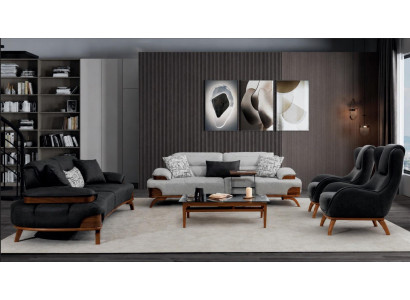 Polstergarnitur 3-Sitzer sofa Sessel Leder Schwarz Grau Kissen Modern