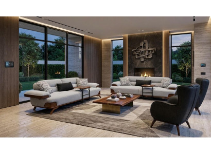 Polstergarnitur 3-Sitzer sofa Grau Sessel Leder Schwarz Kissen Modern
