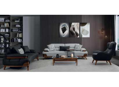 Polstergarnitur 3-Sitzer sofa Sessel Leder Schwarz Grau Kissen Modern