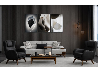 Polstergarnitur 3-Sitzer sofa Textilien Grau Sessel Schwarz Kissen Neu