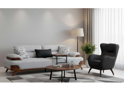 Polstergarnitur 3-Sitzer sofa Textilien Grau Sessel Schwarz Kissen Neu