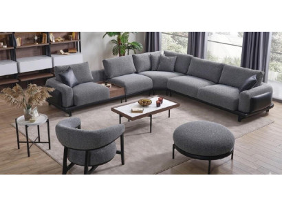 Luxus-Wohnlandschaft: Ecksofa L-Form, Sessel, Hocker, 2 Tische Grau
