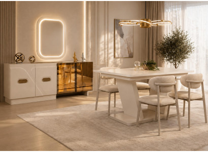 Edle Esszimmer Garnitur Designer Esstisch 4x Textilstühle Spiegel
