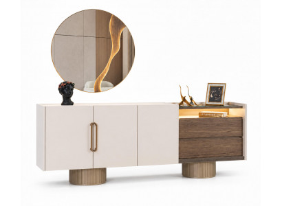 Sideboard mit rundem Spiegel und modernen Holzelementen stilvolle Möbel