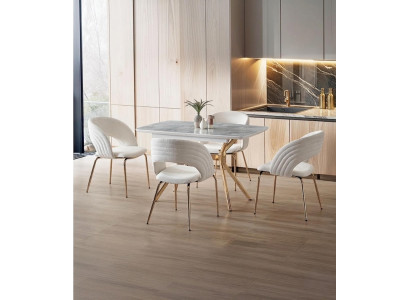 Esszimmer-Set Esstisch 4x Stuhl Modern Marmor Beige Ausziehbar Gold