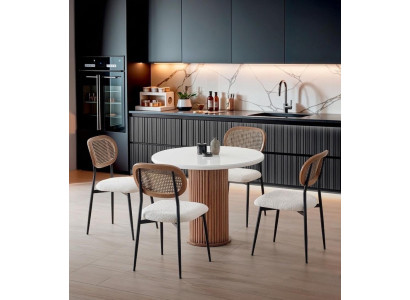 Esszimmer-Set Esstisch 4x Stuhl Rund Weiß Holz Komfortabel Modern
