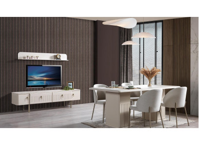 TV unit Esstisch 4x Stühle Esszimmer Stil modern Farbe weiß neu praktisch