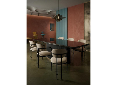 Modernes Esszimmer-Set schwarzer Esstisch sechs gepolsterte Stühle luxuriös