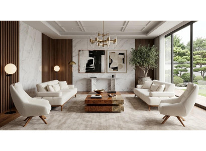 Polstergarnitur 3Sitzer sofa Sessel Stoff Kissen Weiß Modern Elegant