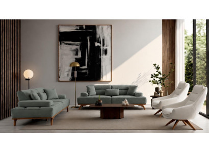 Polstergarnitur 3Sitzer sofa Sessel Stoff Kissen Weiß Grün Modern Neu