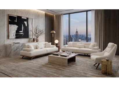 Polstergarnitur 3Sitzer sofa Sessel Stoff Kissen Weiß Modern Elegant