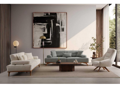 Polstergarnitur 3Sitzer sofa Sessel Stoff Kissen Weiß Grün Modern Neu