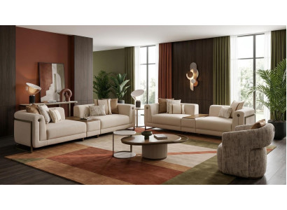 Beiges Wohnzimmer-Set 4 + 4 + 1-Sitzer Couchtisch Beistelltisch großes Sofa