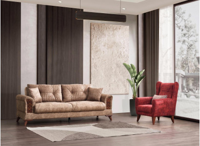 Sofa Set 1x 3 Sitzer 1x Sessel Modern Braun Rot Elegant Design Couch