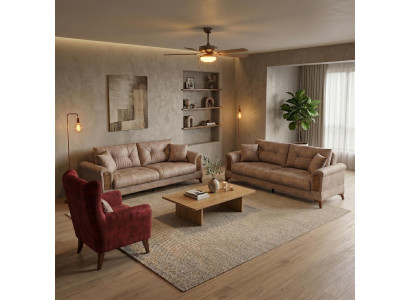 Sofa Set 2x 3 Sitzer 1x Sessel Modern Braun Rot Luxus Couch Garnitur