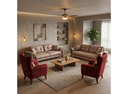Sofa Set 2x 3 Sitzer 2x Sessel Modern Braun Rot Elegant Couch Garnitur