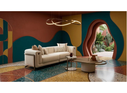 Beiges Wohnzimmer-Set weiches 3-Sitzer-Sofa Couchtisch Beistelltisch modern