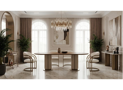 Beige-braunes Esszimmer-Set großer Esstisch 4 Stühle Esszimmermöbel