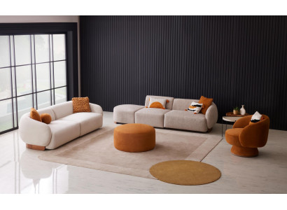 Modernes beiges Wohnzimmer-Set 4+3+1-Sitzer-Sofas Hocker Polstermöbel