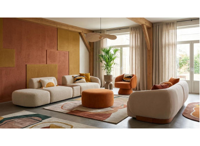 Beige-orangefarbenes Wohnzimmer-Set 4+3+1-Sitzer-Sofas weicher Hocker Modern