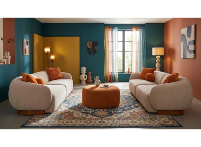 Beiges Wohnzimmer-Set 3+3-Sitzer-Sofas runder Hocker Polstersofas Modern