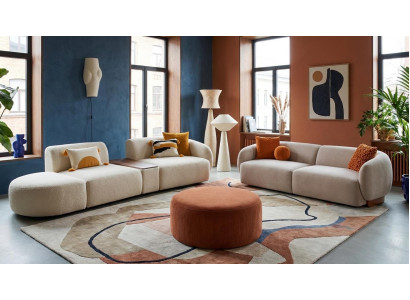 Beigefarbenes Wohnzimmer-Set 4+3-Sitzer-Sofas weicher Hocker Textil Modern