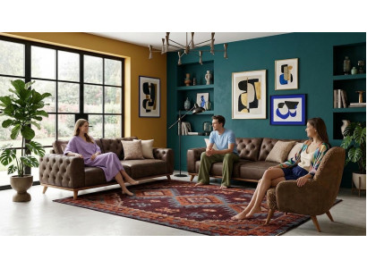 Braunes Wohnzimmer-Set 3+3+1-Sitzer-Sofas Sessel Polstermöbel Designer