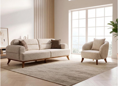 Sofa Set 1x Sofa 1x Sessel Modern Beige Bequem Skandi Design Garnitur