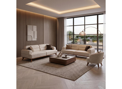 Sofa Set 2x 3-Sitzer 1x Sessel Modern Beige Bequem Skandi Design Edel