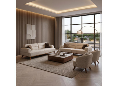 Sofa Set 2x 3-Sitzer 2x Sessel Modern Skandi Beige Bequem Boucle Garnitur