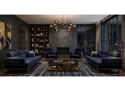 Polstergarnitur 4Sitzer sofa Sessel Stoff Modern Kissen Dunkelblau Neu