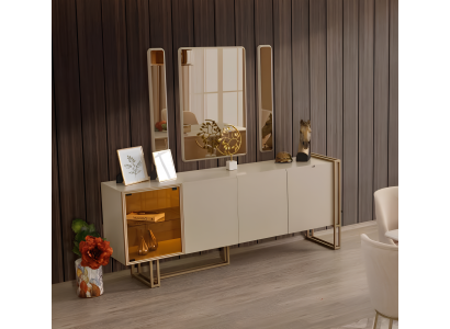 Anrichte Sideboard mit Spiegel Gruppe Kommode Holz Beige Esszimmer