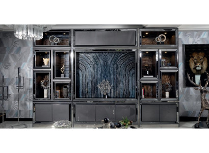 TV Schrank Lowboard Wohn Zimmer Schränke Dunkles Holz Edelstahl Regale Neu