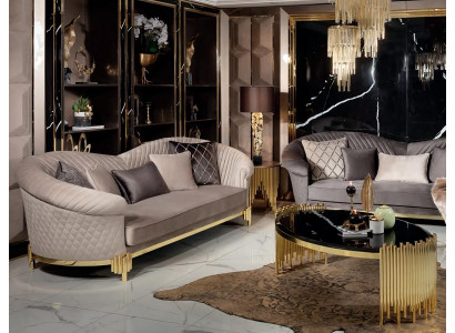 2tlg Sofa 3 Sitzer Couchtisch Luxus Gold Beige Wohnzimmer Modern Polyester  Neu