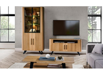 Wohnzimmer 2tlg Vitrine Holzmöbel TV Lowboard Luxuriöses Modern Komplett