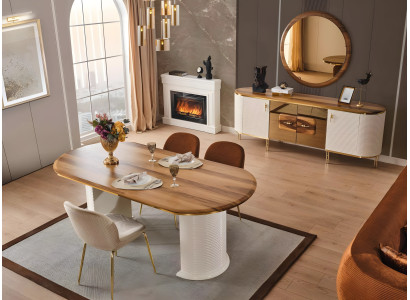 Braunes Esstisch Set, 7-teilig, mit Kommode, Spiegel und Stühlen